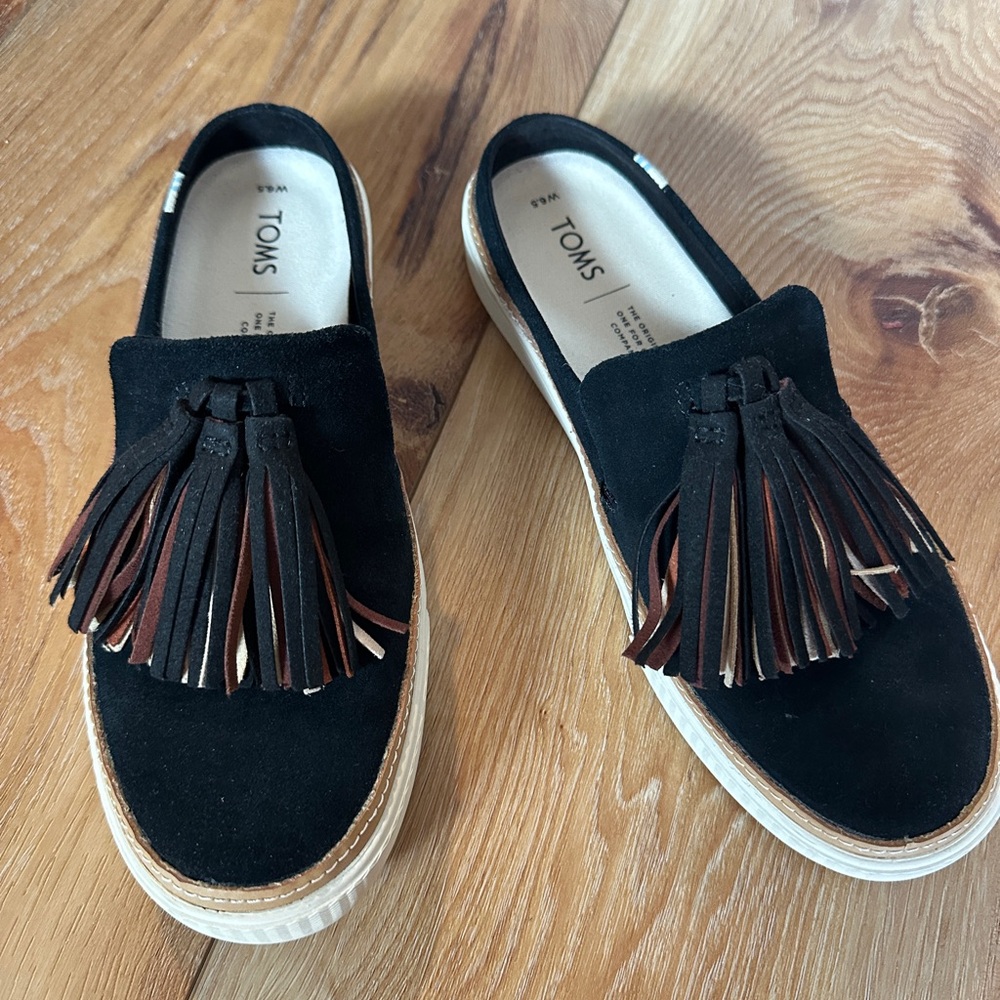 TOMS Women's Black Suede Loafers with Tassels
